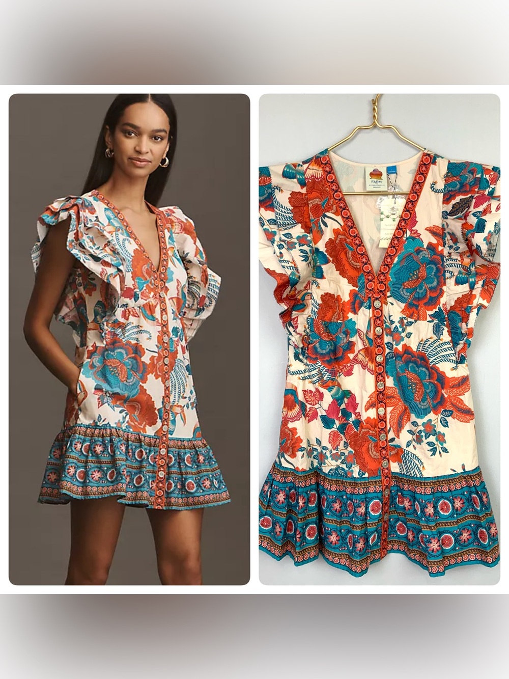 NWT FARM RIO x ANTHROPOLOGIE Sz Small Ruffle-Sleeve Mini Dress Floral Birds